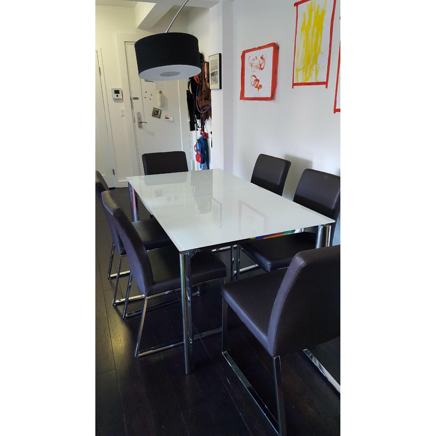 Cameron White Glass Extendable Modern Dining Table w/ 6 Niero Armless ...