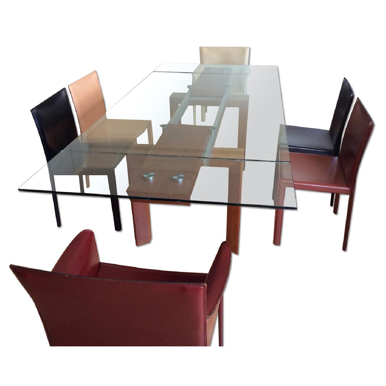 Italian Glass Table w/ 6 Leathers Chairs AptDeco
