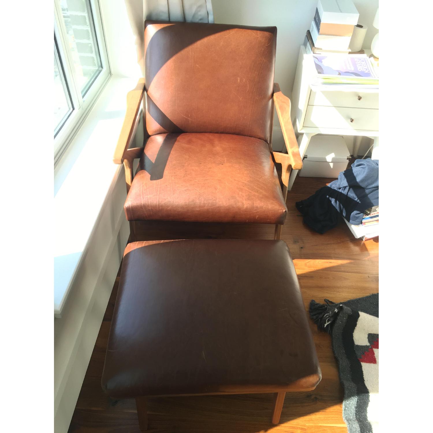 Crate & Barrel Cavett Italian Leather Mid Century Chair w/ Ottoman - image-4