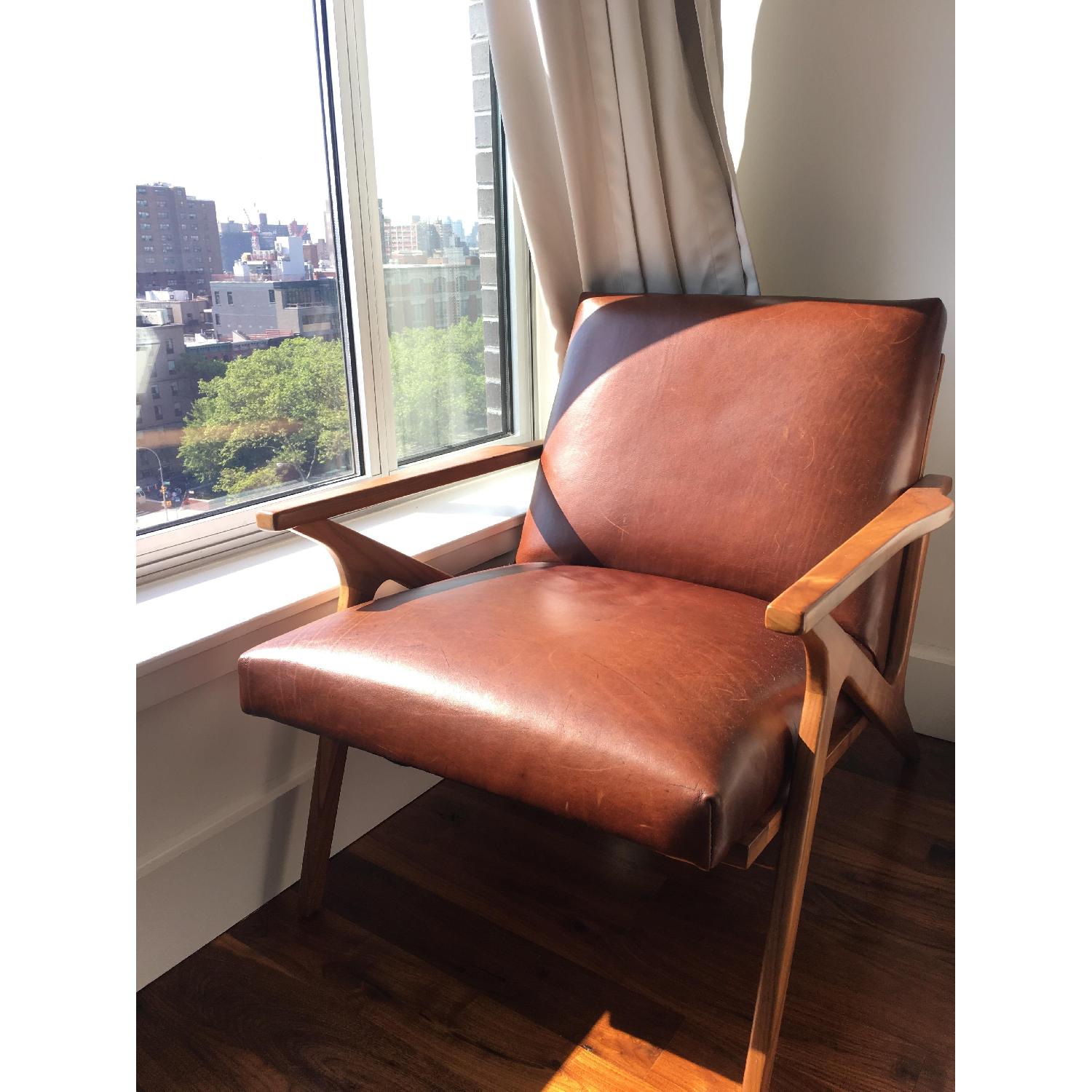 Crate & Barrel Cavett Italian Leather Mid Century Chair w/ Ottoman - image-5