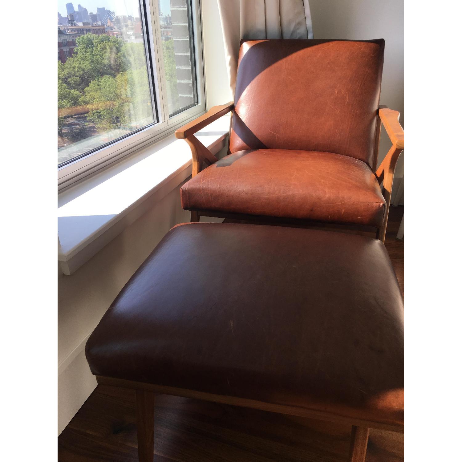 Crate & Barrel Cavett Italian Leather Mid Century Chair w/ Ottoman - image-6