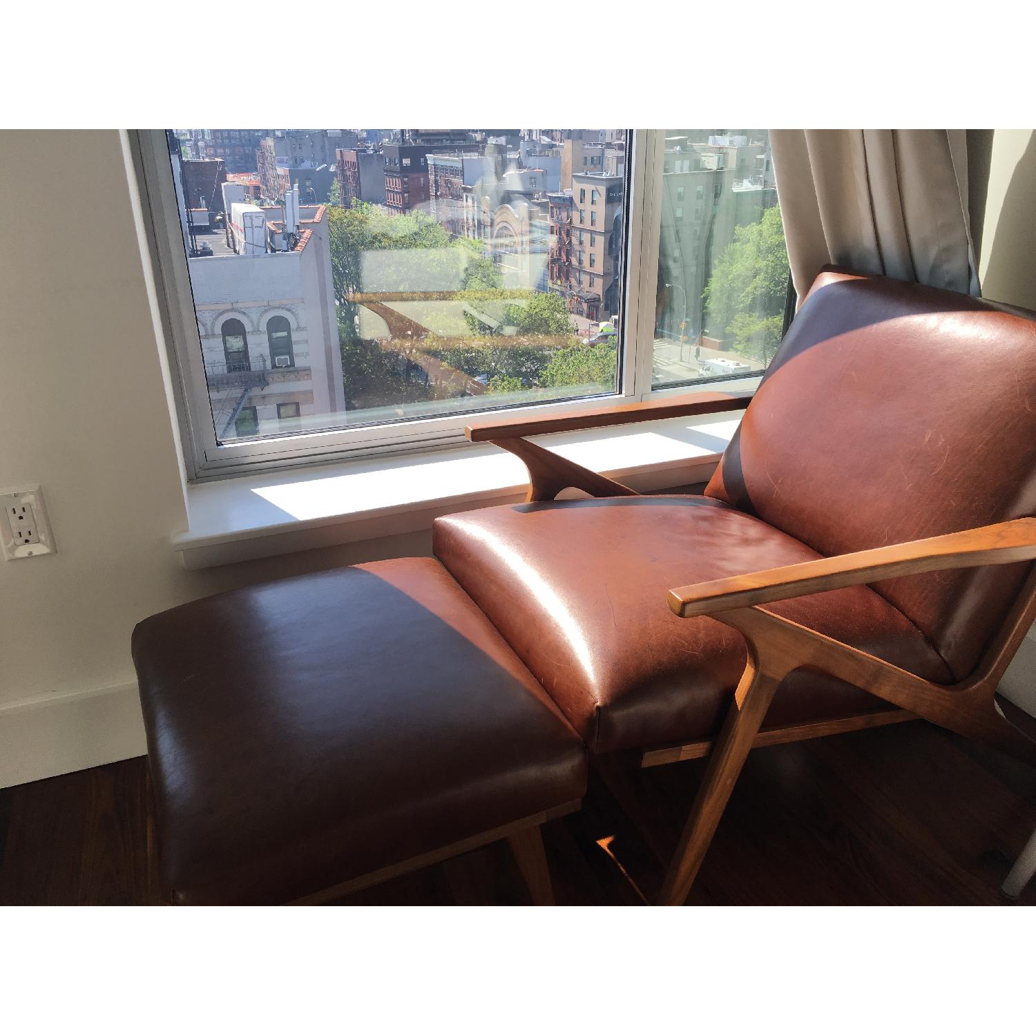 Crate & Barrel Cavett Italian Leather Mid Century Chair w/ Ottoman - image-7