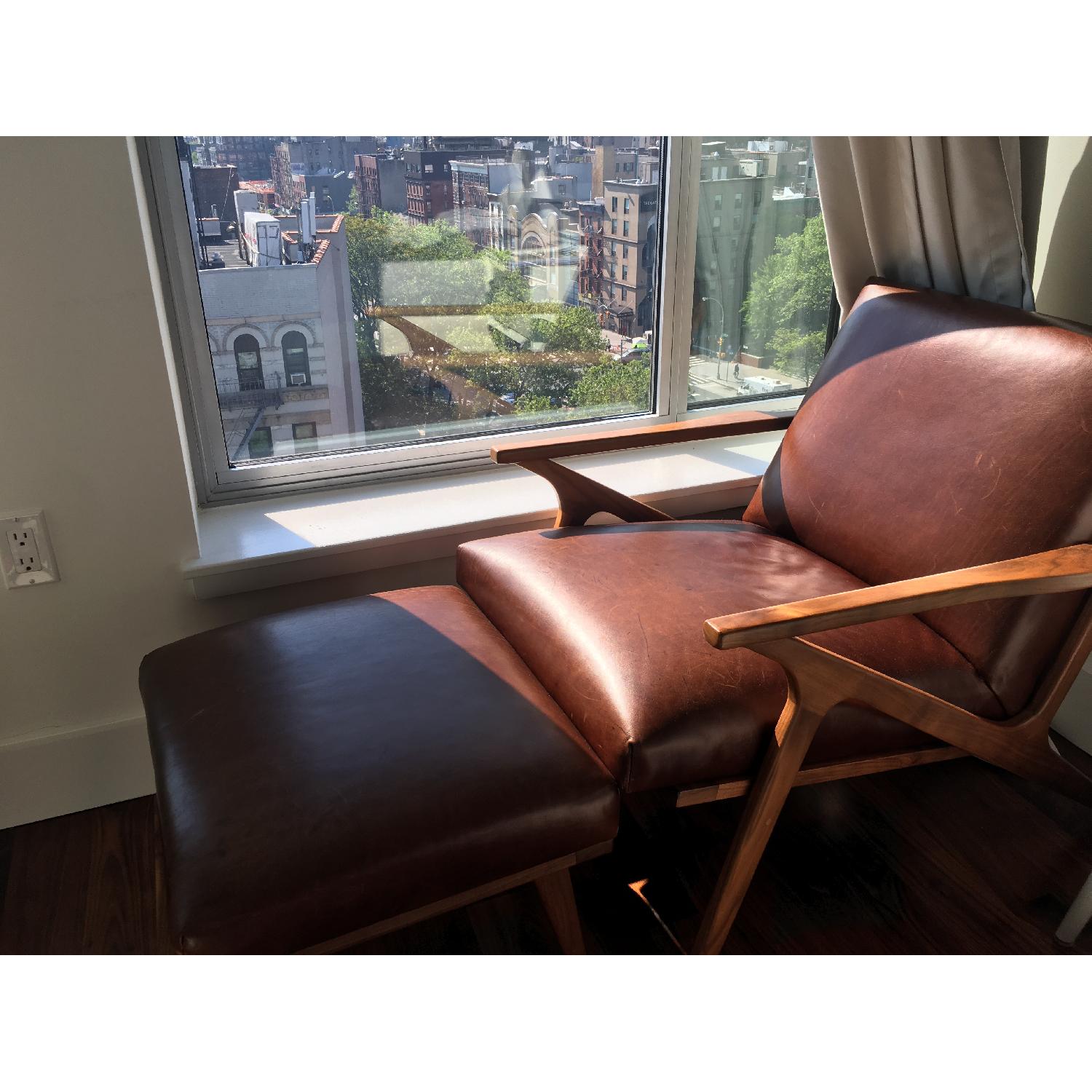 Crate & Barrel Cavett Italian Leather Mid Century Chair w/ Ottoman - image-8