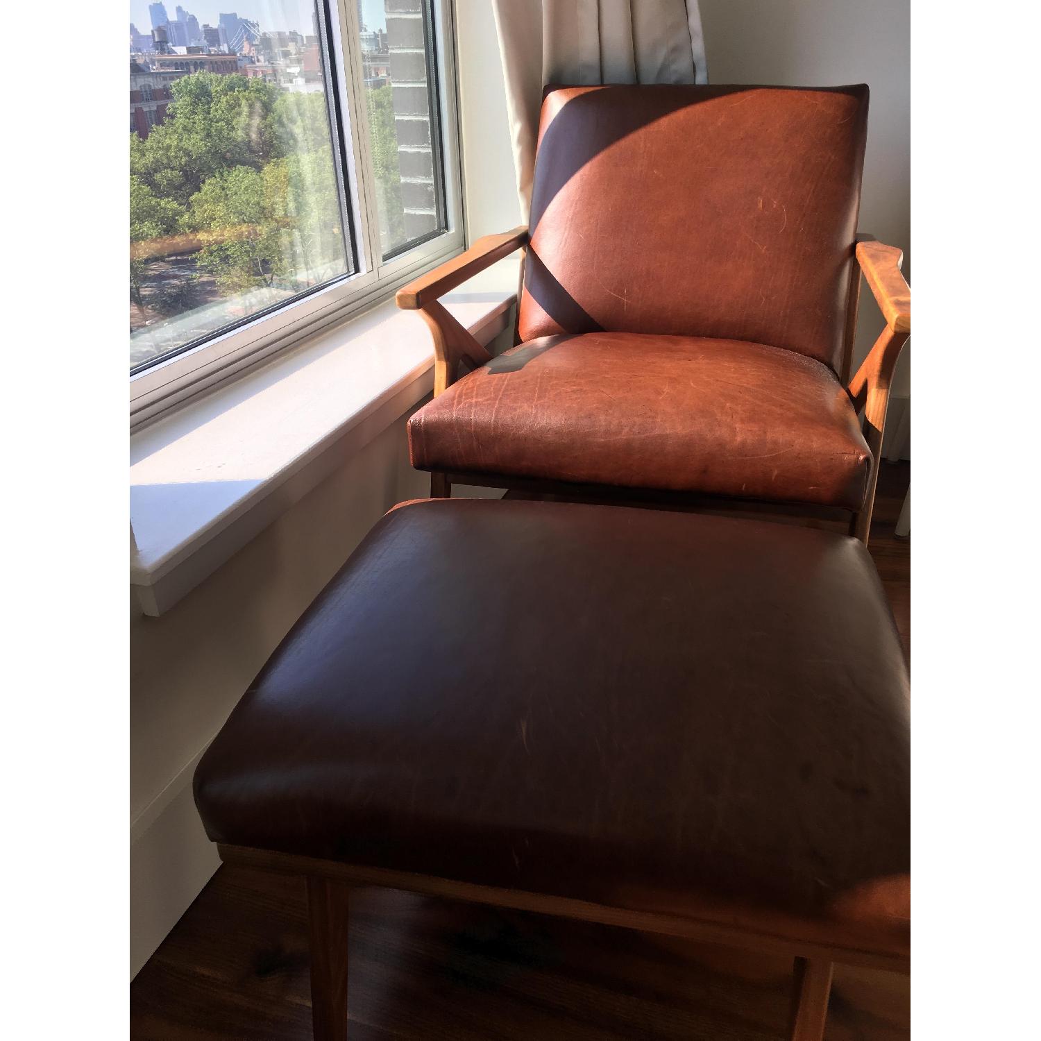 Crate & Barrel Cavett Italian Leather Mid Century Chair w/ Ottoman - image-9