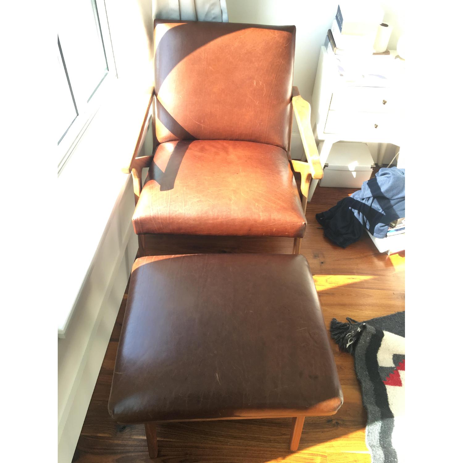 Crate & Barrel Cavett Italian Leather Mid Century Chair w/ Ottoman - image-12