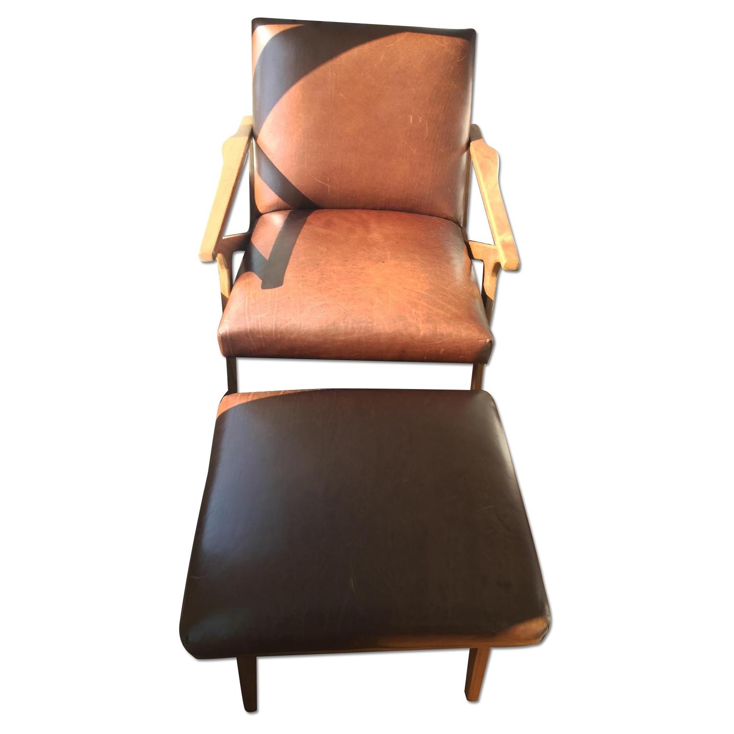 Crate & Barrel Cavett Italian Leather Mid Century Chair w/ Ottoman - image-0