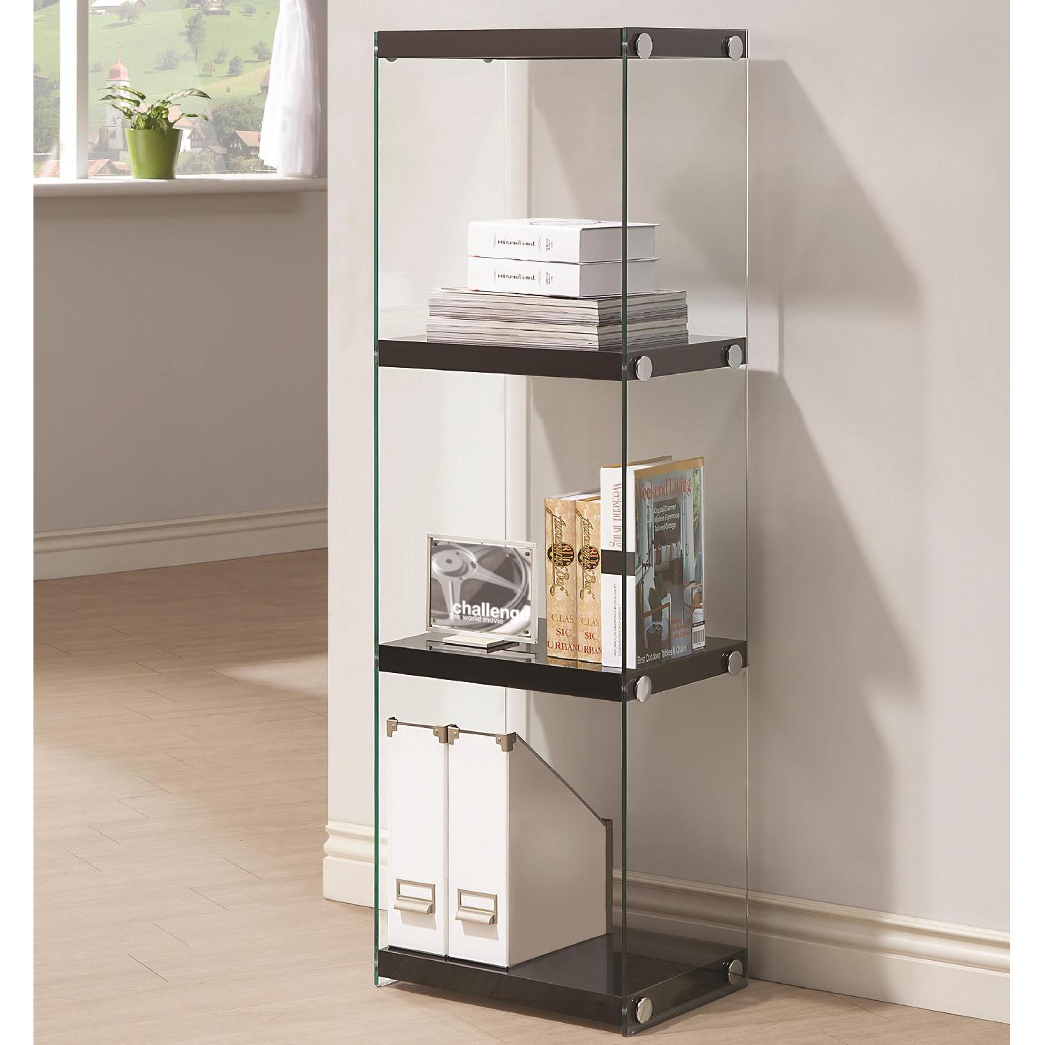 Modern Bookcase w/ Glossy Black Shelves & Glass Side Panels AptDeco