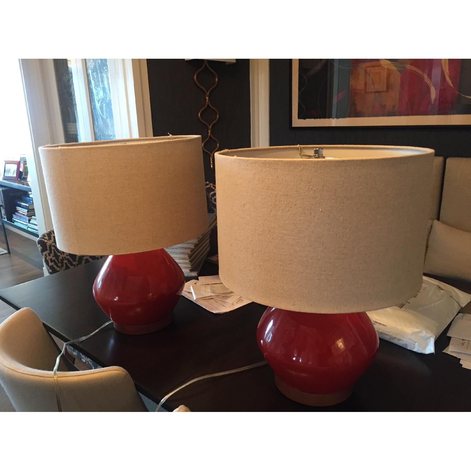 West Elm Orange Lamp w/ Beige Linen Shade - image-1